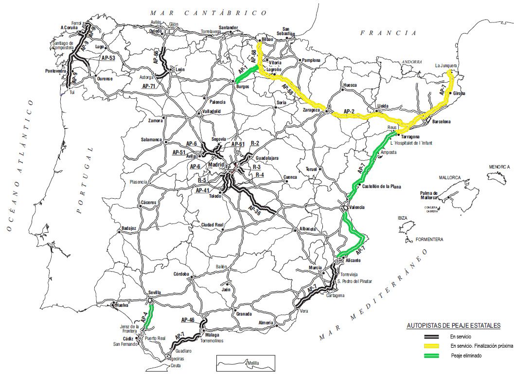 Mapa actual del estado de los peajes en España.