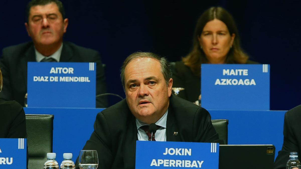 Jokin Aperribay, durante la Junta General de Accionistas de la Real Sociedad celebrada en el Kursaal.