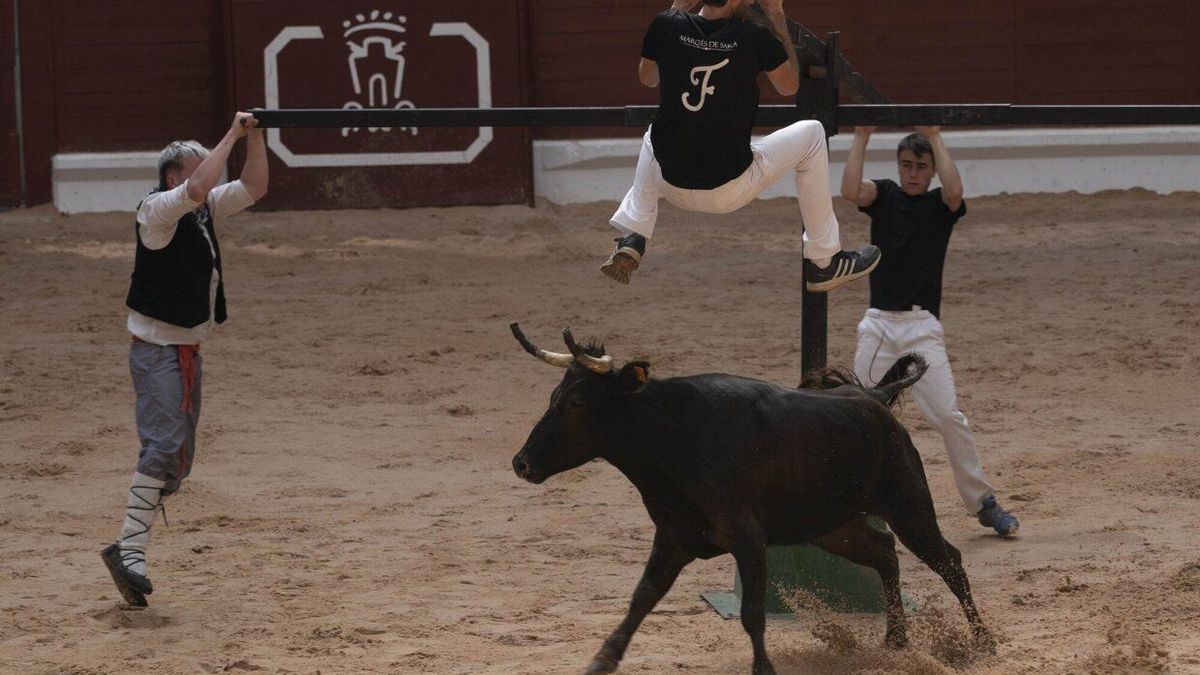 Recortadores y blusas en un momento del espectáculo en el Iradier Arena.