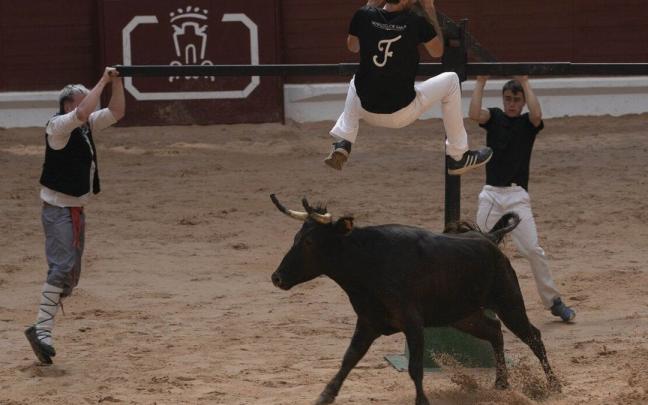 Recortadores y blusas en un momento del espectáculo en el Iradier Arena. Recortadores y blusas en un momento del espectáculo en el Iradier Arena.