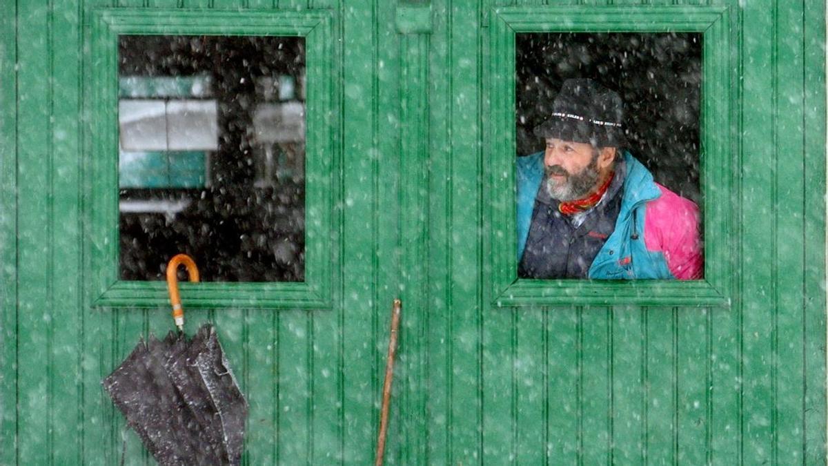 Un vecino de la localidad navarra de Gorriti observa desde el interior de su vivienda la copiosa nevada.