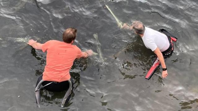 Corominas y Mota, durante la faena en el río Urumea.