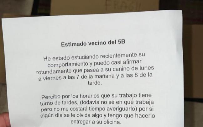 Parte de la carta que el denunciante le escribi&oacute; a su vecino.