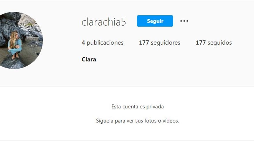 El verdadero perfil de Clara Chía, con solo 177 seguidos y seguidores y 4 publicaciones.