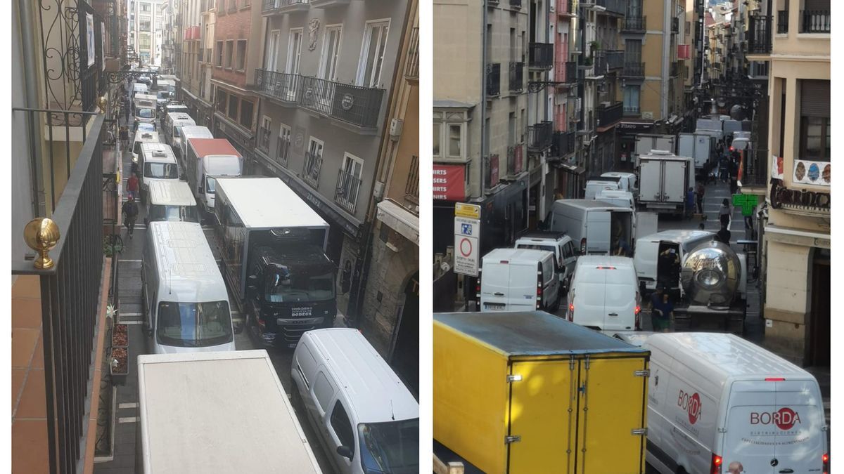 Más de una veintena de camiones intentan circular esta mañana a la vez por calle Estafeta.