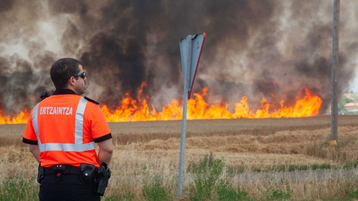 Un ertzaina en el perímetro del fuego de Argandoña.