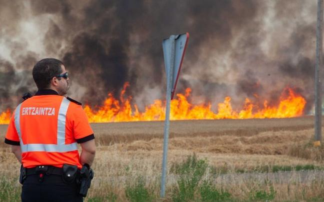 Un ertzaina en el per&iacute;metro del fuego de Argando&ntilde;a.