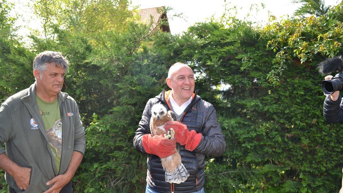 Ramiro González con un ejemplar de águila Bonelli.