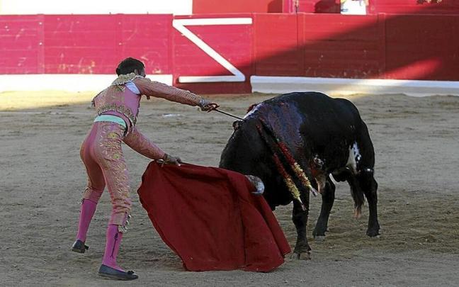 El joven oscense, Javier Poley, que lidiaba su segunda novillada picada, cobró una gran estocada al tercer utrero del complicado encierro de Conde de la Corte.