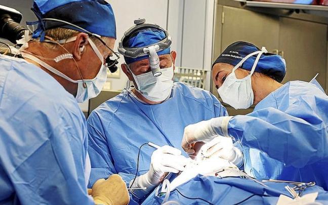 Varios profesionales sanitarios realizan una cirugía estética a un paciente en el quirófano.