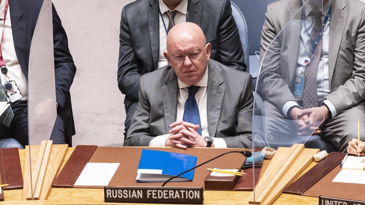 El representante de Rusia ante Naciones Unidas, Vasili Nebenzia, en el Consejo de Seguridad de la ONU.
