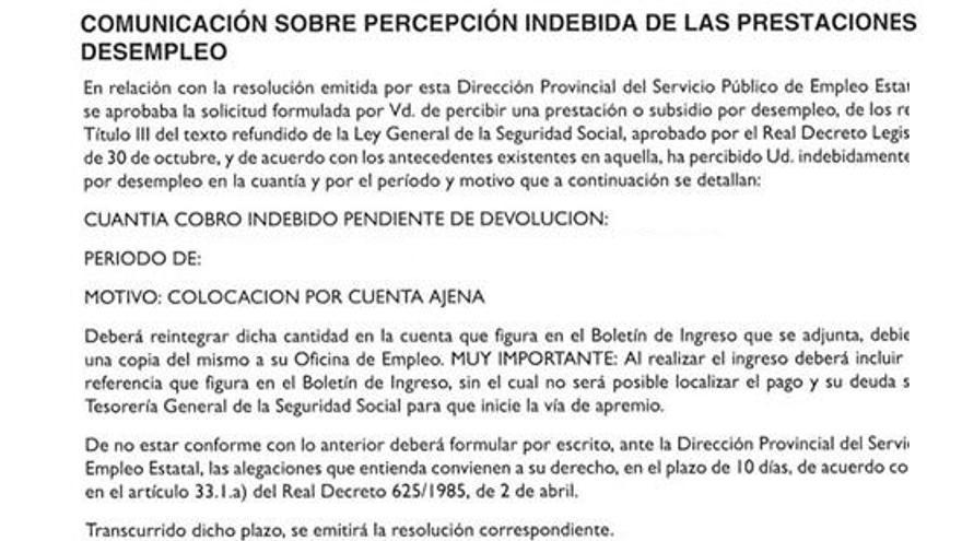Un ejemplo de la notificación del SEPE que muchos vitorianos están recibiendo estos días