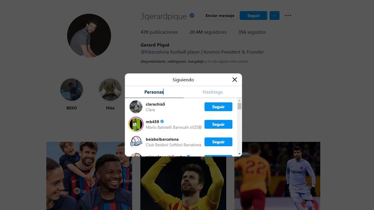 Una captura de pantalla del perfil de Instagram de Gerard Piqué muestra la última persona a la que el futbolista ha seguido.