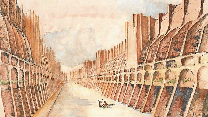 Perspectiva a ras de la calle salón que centraba el cuerpo principal.