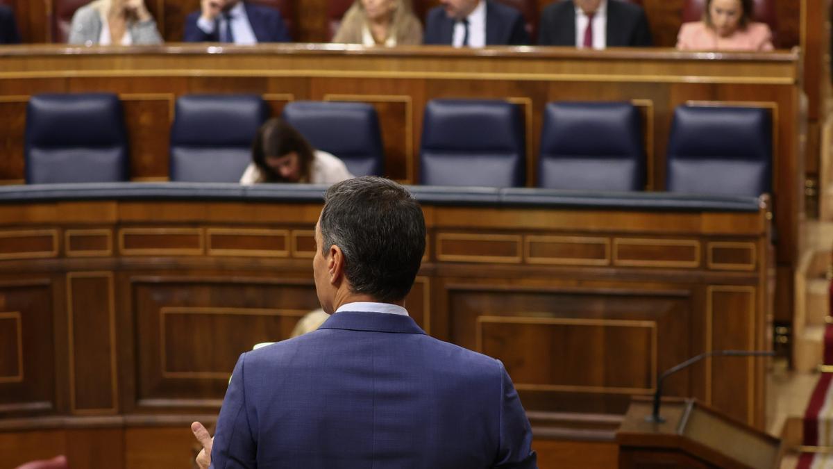 Pedro Sánchez, en una de sus intervenciones de esta mañana en el Congreso.