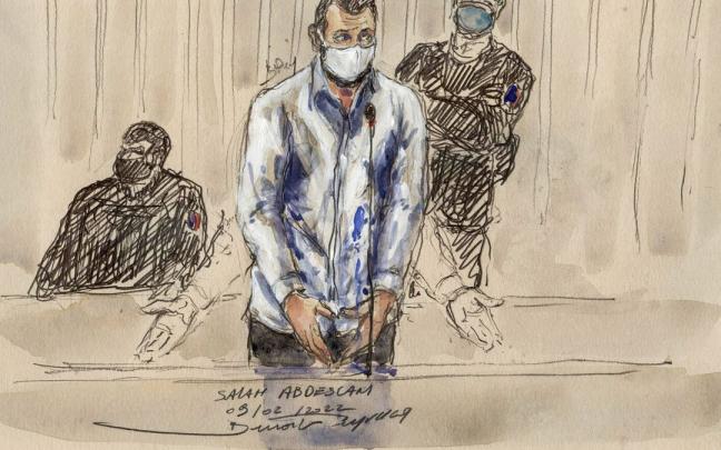 Boceto de Salah Abdeslam durante el juicio.