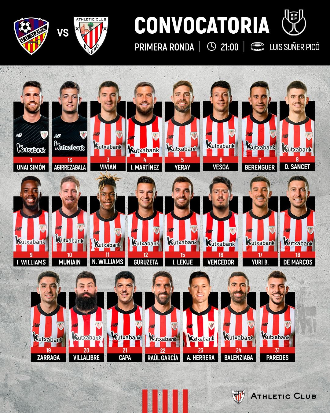 Convocatoria del Athletic para enfrentarse al Alzira