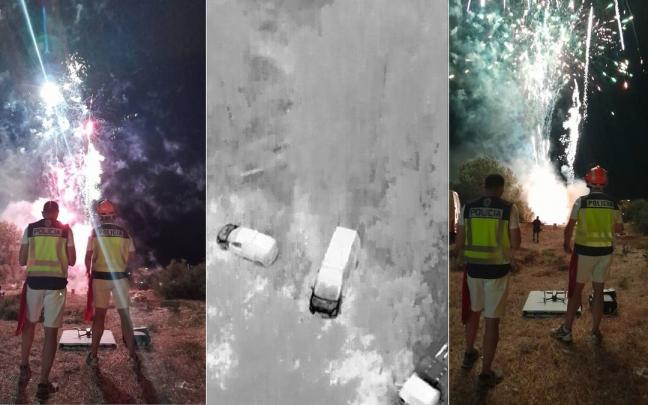 Agentes de Policía Nacional con los drones. En el centro, la visión a través de cámara térmica. Agentes de Policía Nacional con los drones. En el centro, la visión a través de cámara térmica.