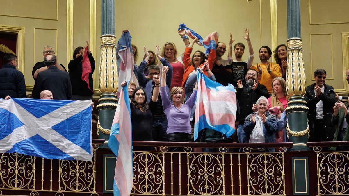 Representantes del colectivo trans celebran la aprobación de la ley en el congreso.