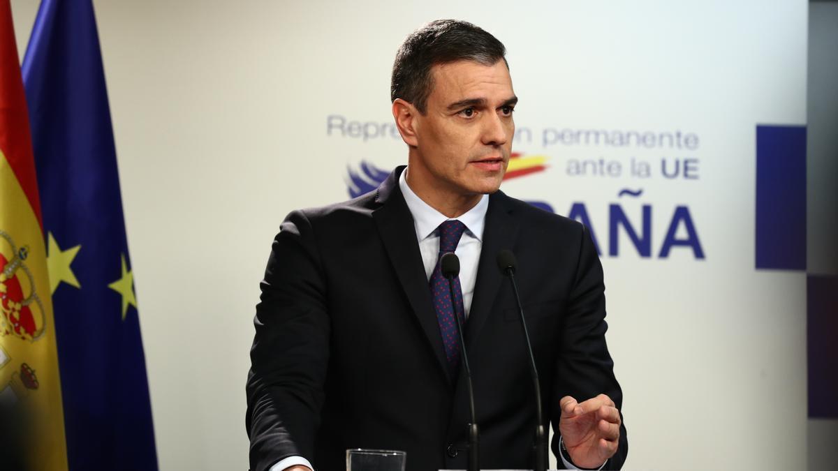 Pedro Sánchez durante su rueda de prensa desde Bruselas.