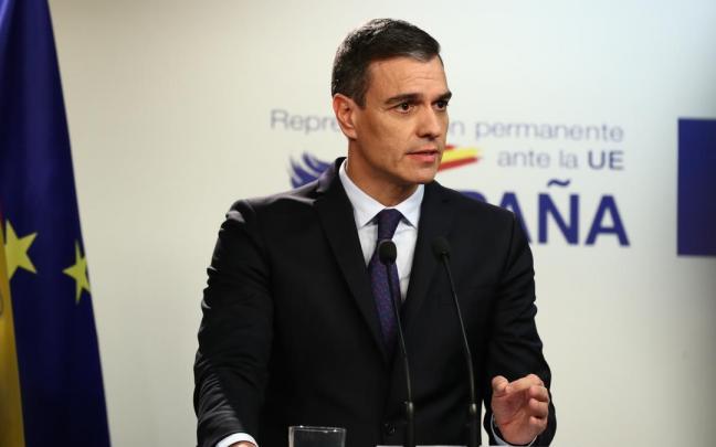 Pedro Sánchez durante su rueda de prensa desde Bruselas. Pedro Sánchez durante su rueda de prensa desde Bruselas.