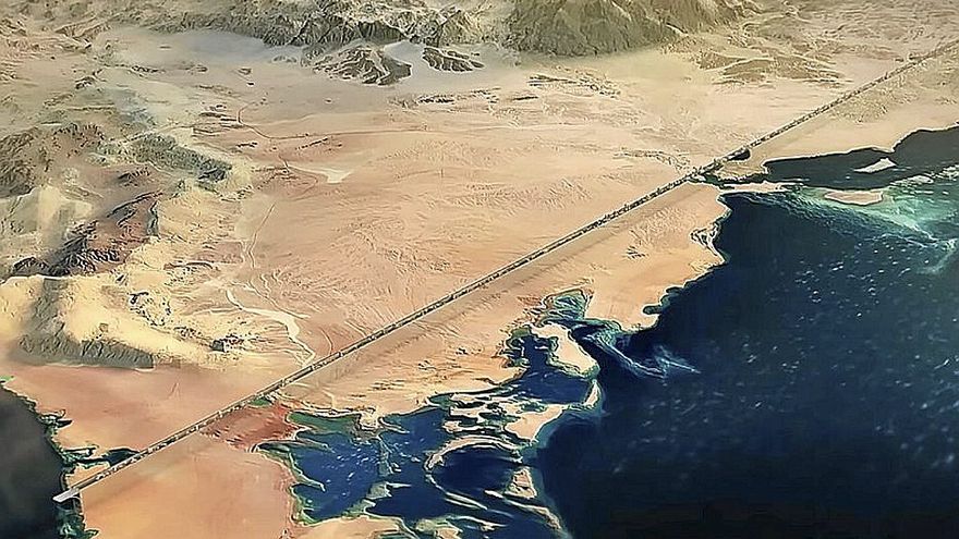 Aspecto desde el aire de The Line, la ciudad del futuro que se desarrollará en Arabia Saudí.