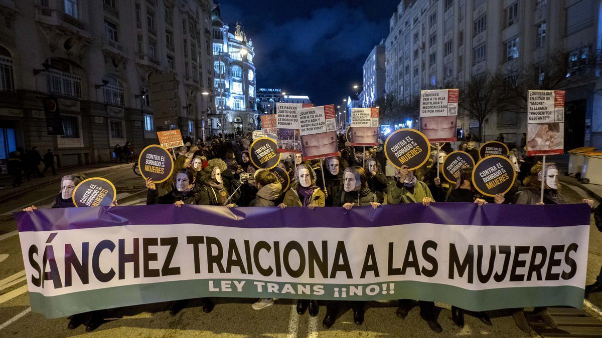 Organizaciones feministas se concentran por la denominada 'ley Trans' en la Plaza de las Cortes