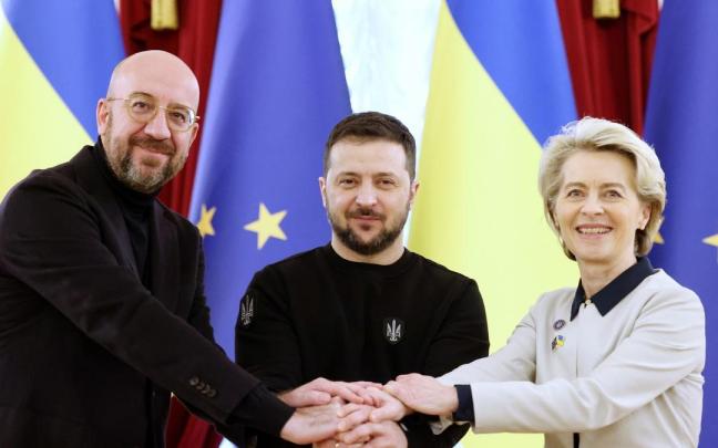 Charles Michel, Volodimir Zelenski y Ursula Von der Leyen.