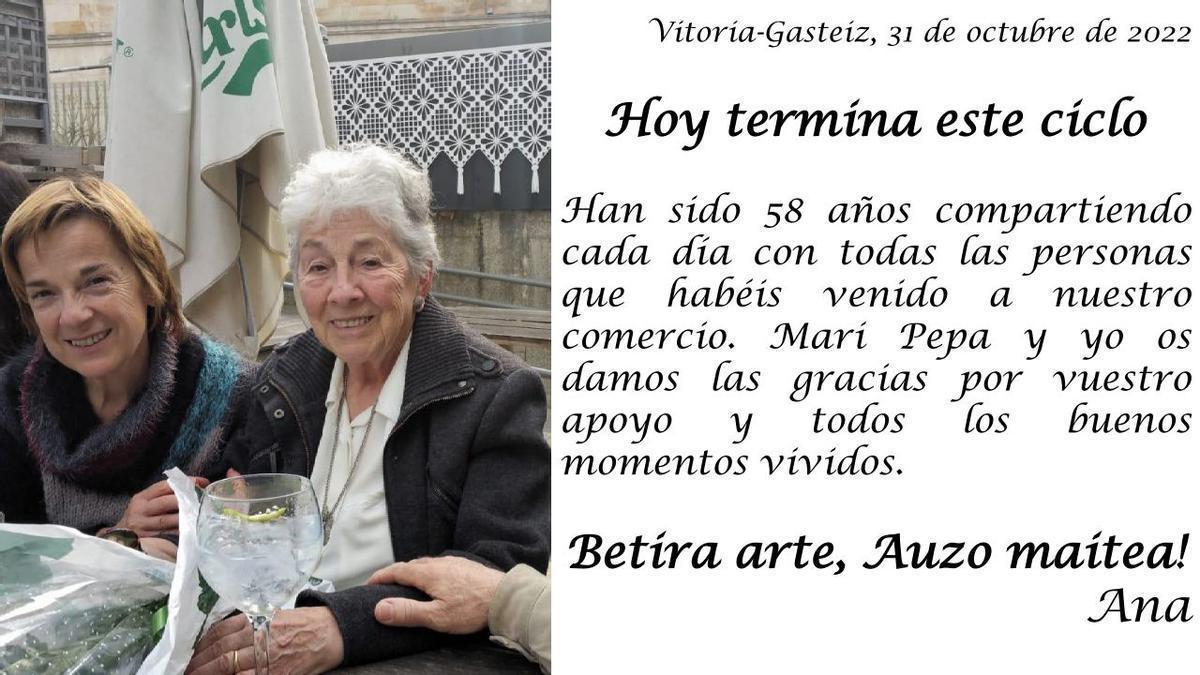 Emotiva carta de despedida de parte de Mari Pepa y Ana a toda su clientela