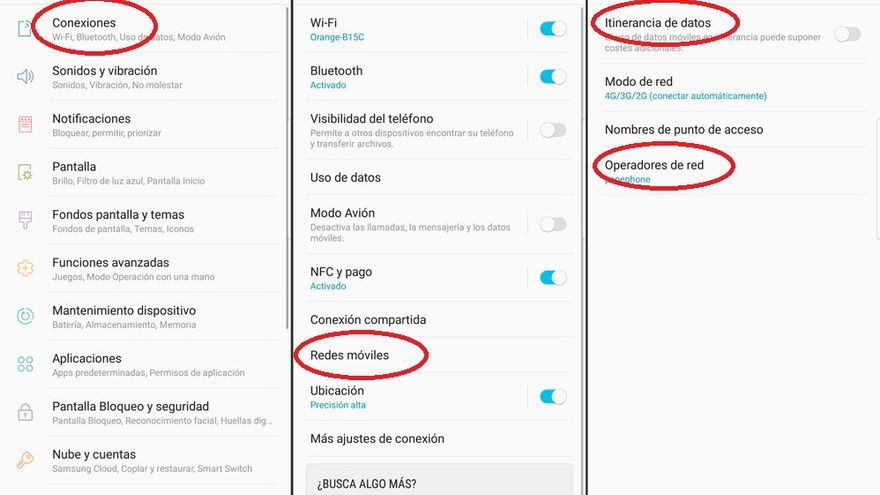 Capturas de pantallas muestran el proceso para configurar la itinerancia de datos.