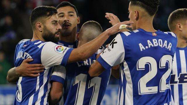 Benavídez celebra con Duarte, Rioja y Abqar su gol ante el Villarreal B. Benavídez celebra con Duarte, Rioja y Abqar su gol ante el Villarreal B.