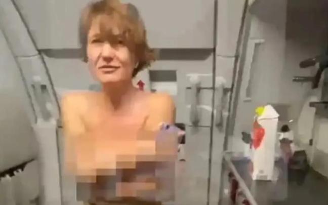 La pasajera, desnuda de cintura para arriba, en una captura del vídeo. La pasajera, desnuda de cintura para arriba, en una captura del vídeo.