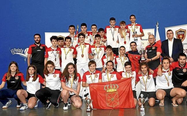 Los pelotaris y t&eacute;cnicos navarros, con los trofeos logrados en el front&oacute;n de &Iacute;scar. | FOTO: FNPV