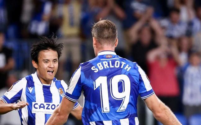 Kubo y Sorloth celebran el gol del triunfo ante el Omonia que marcó el noruego, y en el que asistió el japonés. Kubo y Sorloth celebran el gol del triunfo ante el Omonia que marcó el noruego, y en el que asistió el japonés.