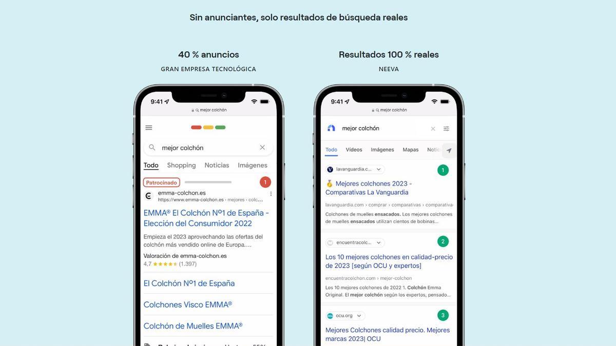 Comparación entre una búsqueda en la que se ofrecen anuncios y resultados, la que ofrece el nuevo buscador en un móvil.