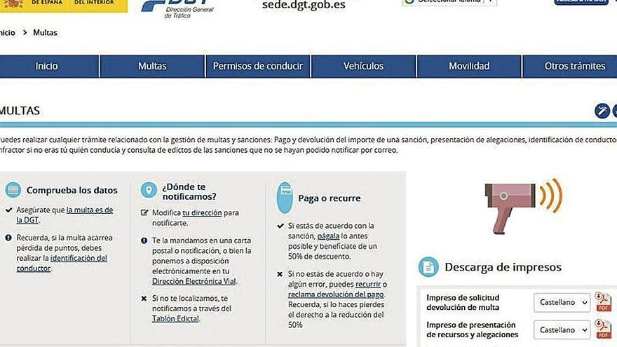 La Web de la DGT para realizar trámites relacionados con multas y sanciones.