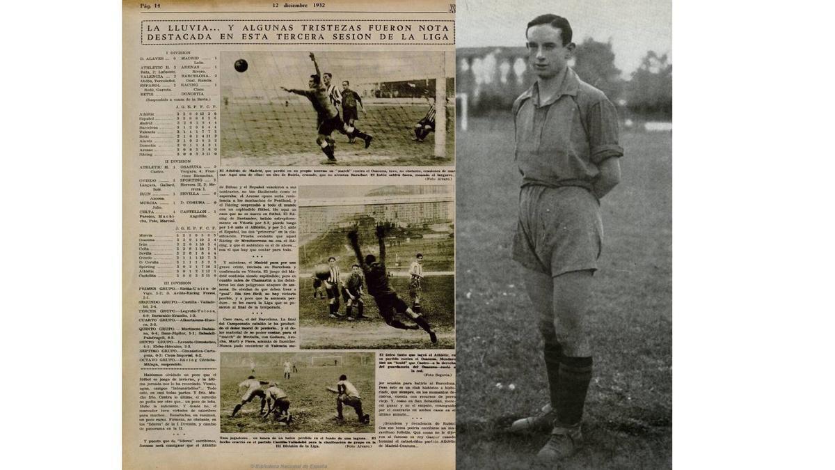 A la izquierda, la página del diario 'As' del 12 de diciembre de 1932; a la derecha, un jovencísimo Julián Vergara posa en el campo de San Juan.