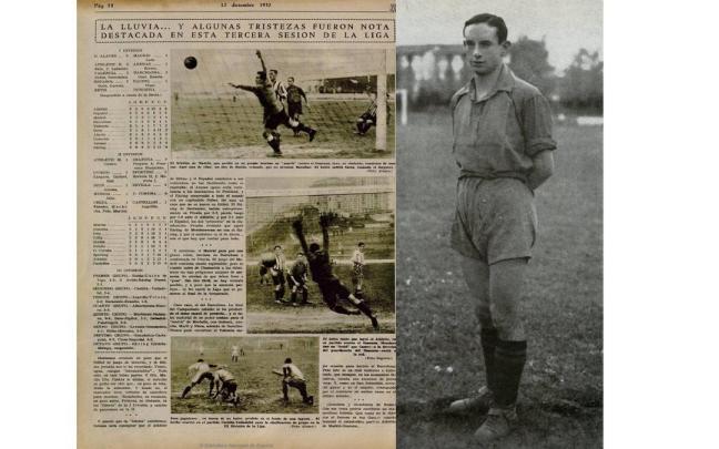 A la izquierda, la página del diario 'As' del 12 de diciembre de 1932; a la derecha, un jovencísimo Julián Vergara posa en el campo de San Juan.