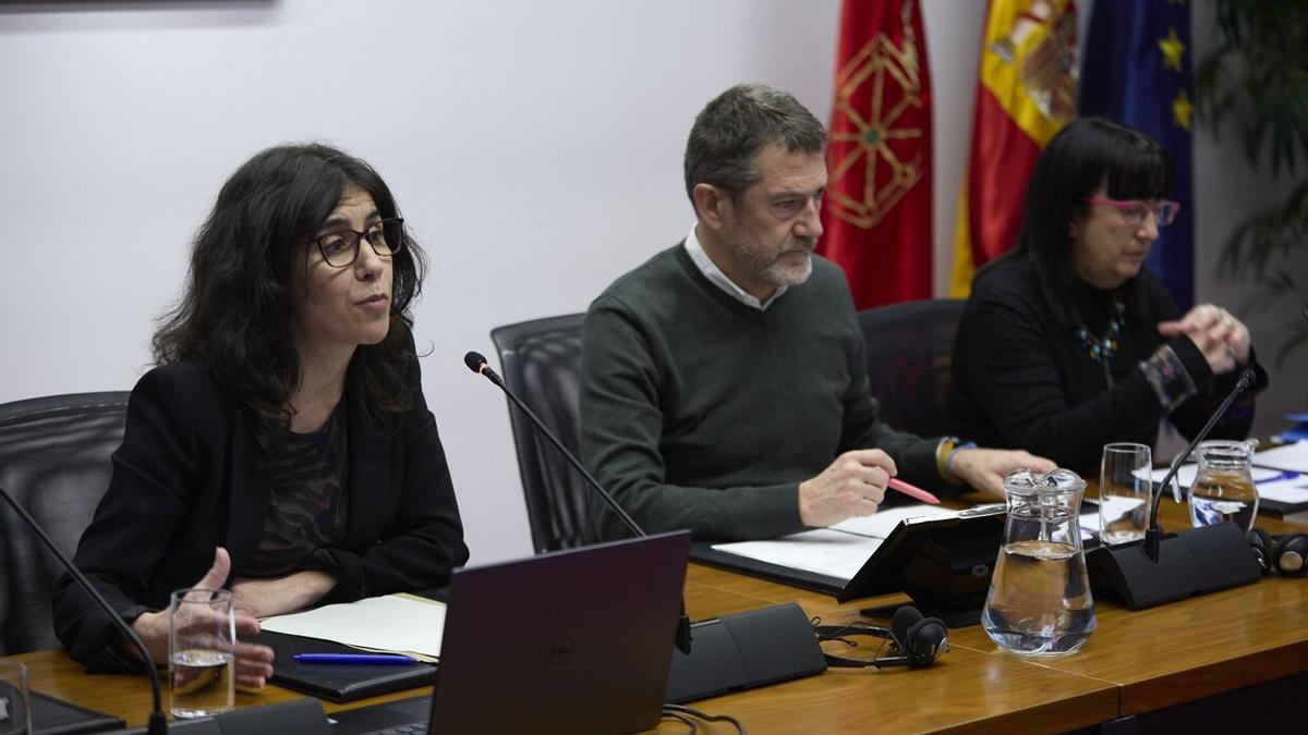 La directora del estudio, Laura Pego, y la psicóloga Jeannette Ruiz presentan en el Parlamento de Navarra el informe 'Investigación sobre la tortura y otros malos tratos en Navarra desde 1979 hasta la actualidad'