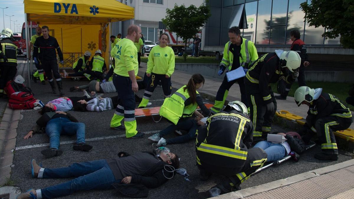 Voluntarios participan con efectivos de Protección Civil y de Emergencias del Gobierno de Navarra en un simulacro de accidente aéreo.