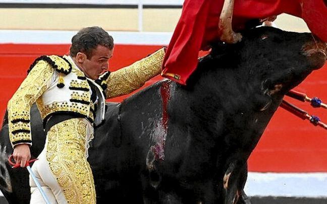 Muletazo de Román a ‘Argelón’, el colorado ojinegro de Dolores Aguirre. | FOTOS: OSKAR GONZÁLEZ