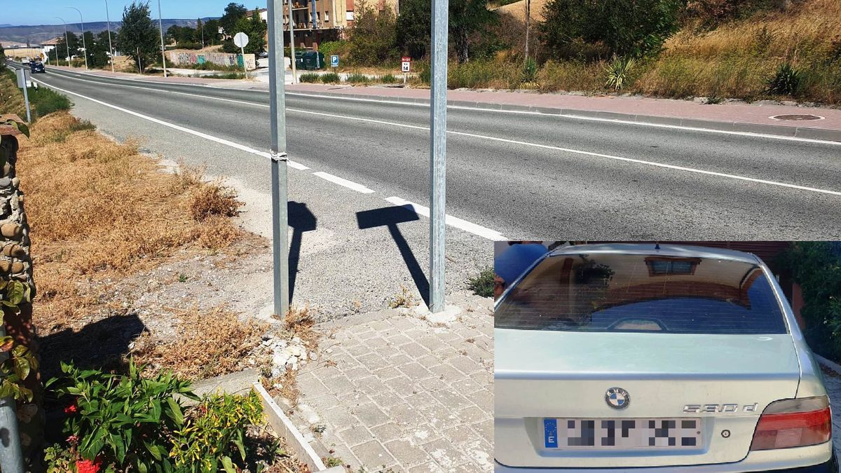 Tramo en el que fue interceptado el turismo, en la N-121. A la derecha, imagen del vehículo, un BMW.