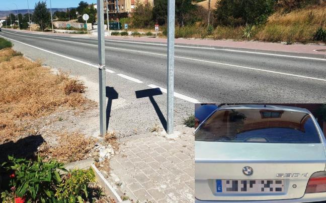 Tramo en el que fue interceptado el turismo, en la N-121. A la derecha, imagen del vehículo, un BMW.