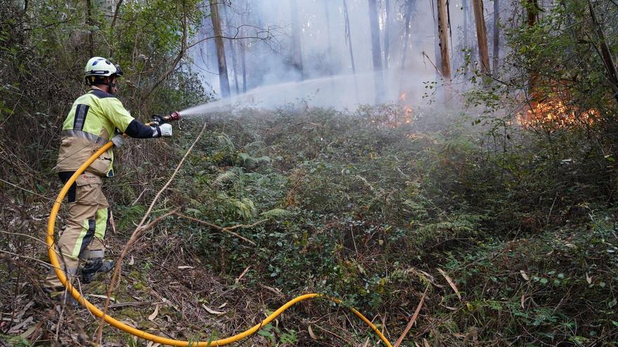 Los bomberos trabajan para sofocar el incendio en Sopela