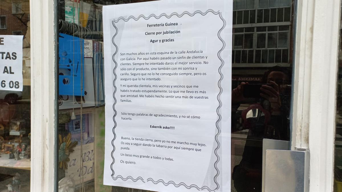La carta de despedida de Olga en la ferretería de la calle Andalucía