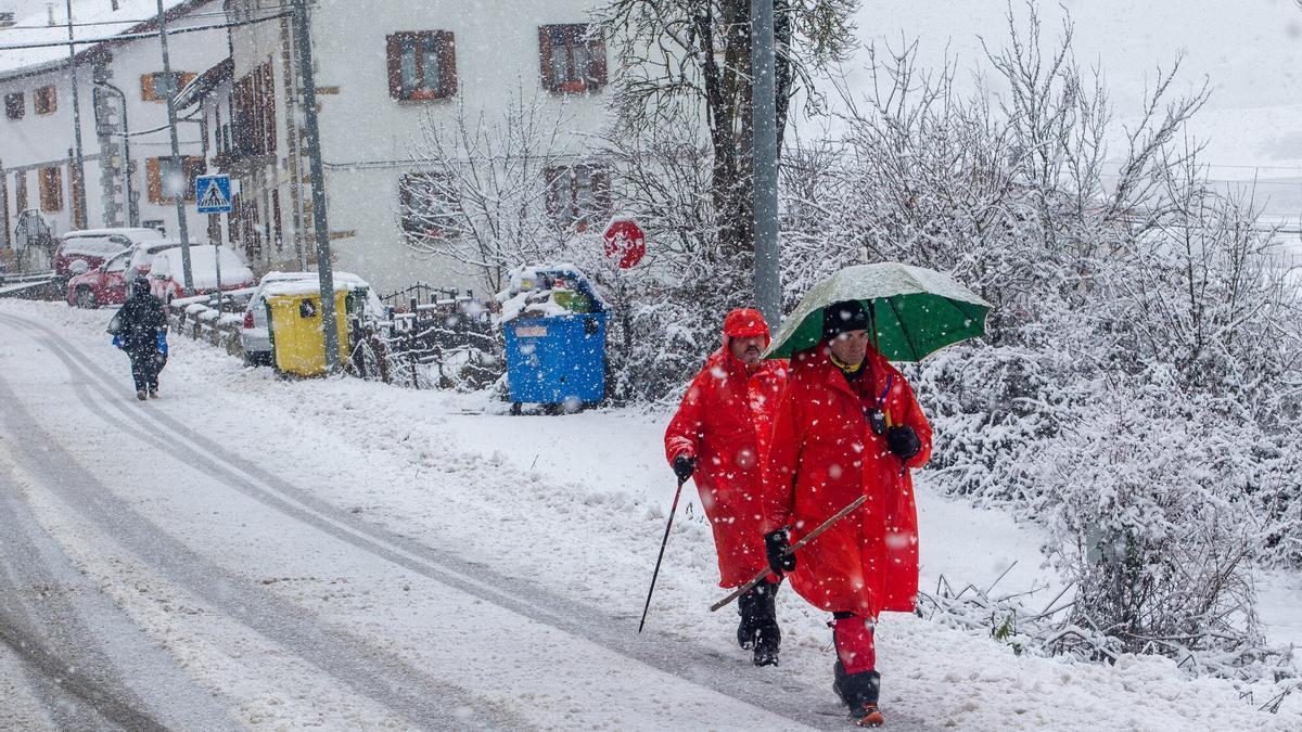 Tres peregrinos transitan por Erro bajo la nieve este lunes.