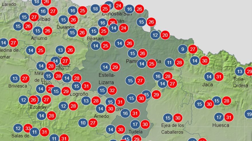 Temperaturas máximas y mínimas para el sábado en Navarra.