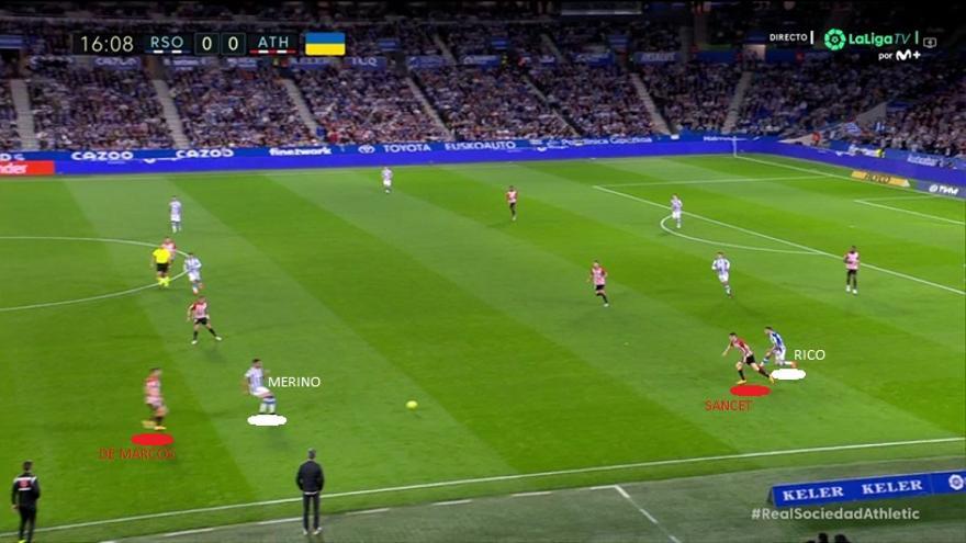 Estuvo hábil Valverde ajustando las presiones en este costado del campo (el derecho del Athletic). Sancet pasó a salir a banda a por Rico cuando este recibía. De Marcos quedó entonces a cargo de Merino, quien pedía el balón a menudo escorado.