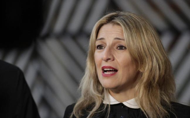 La vicepresidenta segunda, Yolanda Díaz, durante la cumbre europea en la que participa en Bruselas.