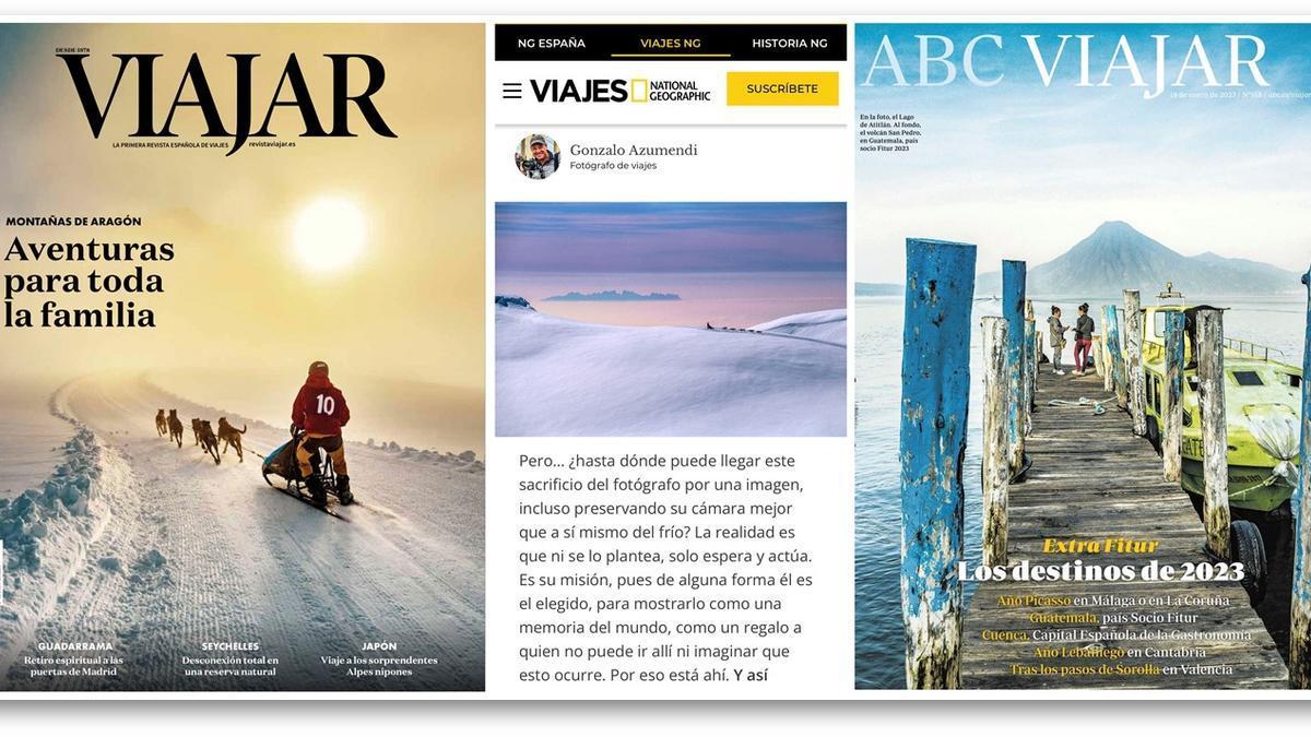 A la izquierda y derecha, dos fotos de Azumendi en portada; en medio, su participación en ‘National Geographic’.